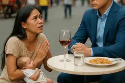 She knelt down next to her table on the sidewalk, cradling her baby. “Please, I don’t want your money—just a moment of your time.” The man in the suit looked up from his wine, unaware that his words would break everything he thought he knew.