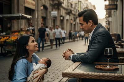 She knelt by her table on the sidewalk, cradling her baby. “Please don’t want your money, just a moment of your time.” The man in the suit looked up from his wine, not realizing that his words would shatter everything he thought he knew.
