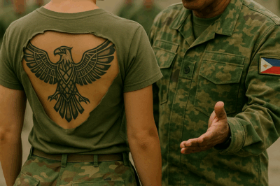 Siya ay tinukso sa kampo – pagkatapos ay ang kumander ay nagyeyelo sa paningin ng tattoo sa kanyang likod…