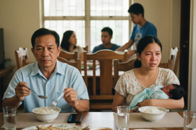 Natapos magluto si misis at abala sa pagpapakain sa dalawang anak. Pagbalik niya, kinain na ng buong pamilya ang buong pagkain, buto lang ng isda ang natira. Napuno siya ng mga luha ng hinanakit. Nagalit ang asawa, tumayo, at ang kanyang mga aksyon pagkatapos nito ay natigilan sa lahat./hi