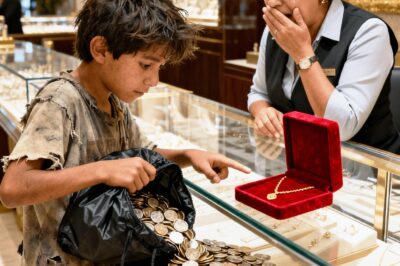 Isang batang lalaki na gusgusin ang tahimik na pumasok sa marangyang tindahan ng alahas at nagbuhos ng libu-libong malamig na barya sa kumikinang na salamin./th